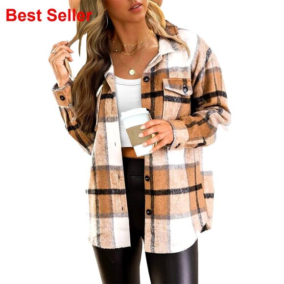 Tops - Women's Plaid Flannel Shacket Button Down Shirt Midweight Polyester